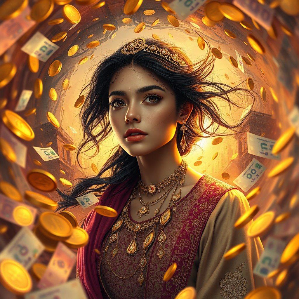 Woman in Falling Wealth: Cinematic Fantasy Art
