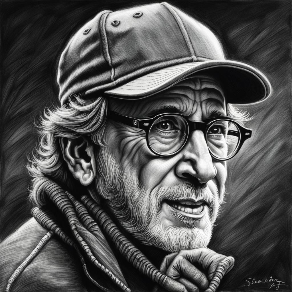 Steven Spielberg with eyeglasses and baseball cap