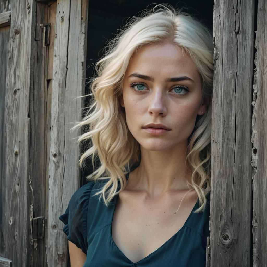 French Girl with Turquoise Eyes Gazing Out Window