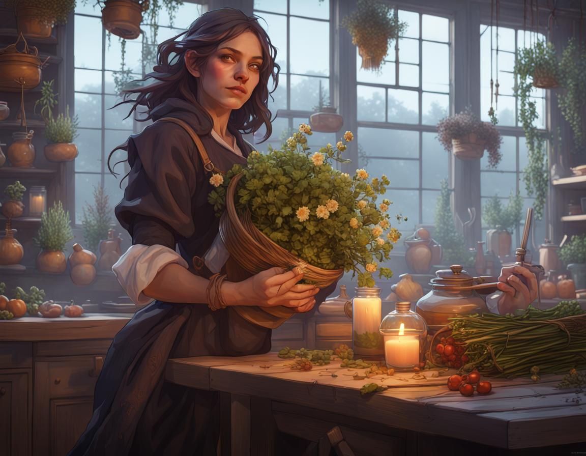 Kitchen Witch Portrait in Dark Academia Style