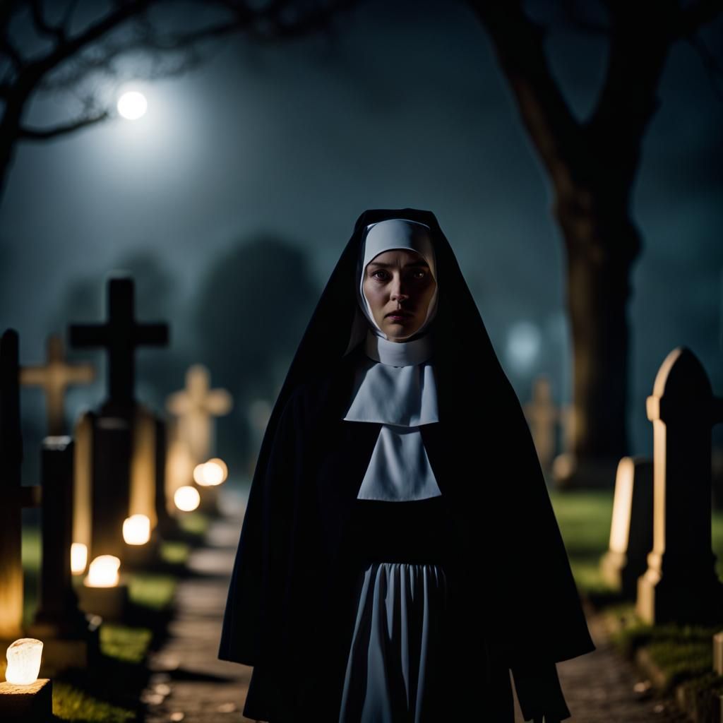 Nun's Ghost Walks Graveyard at Night