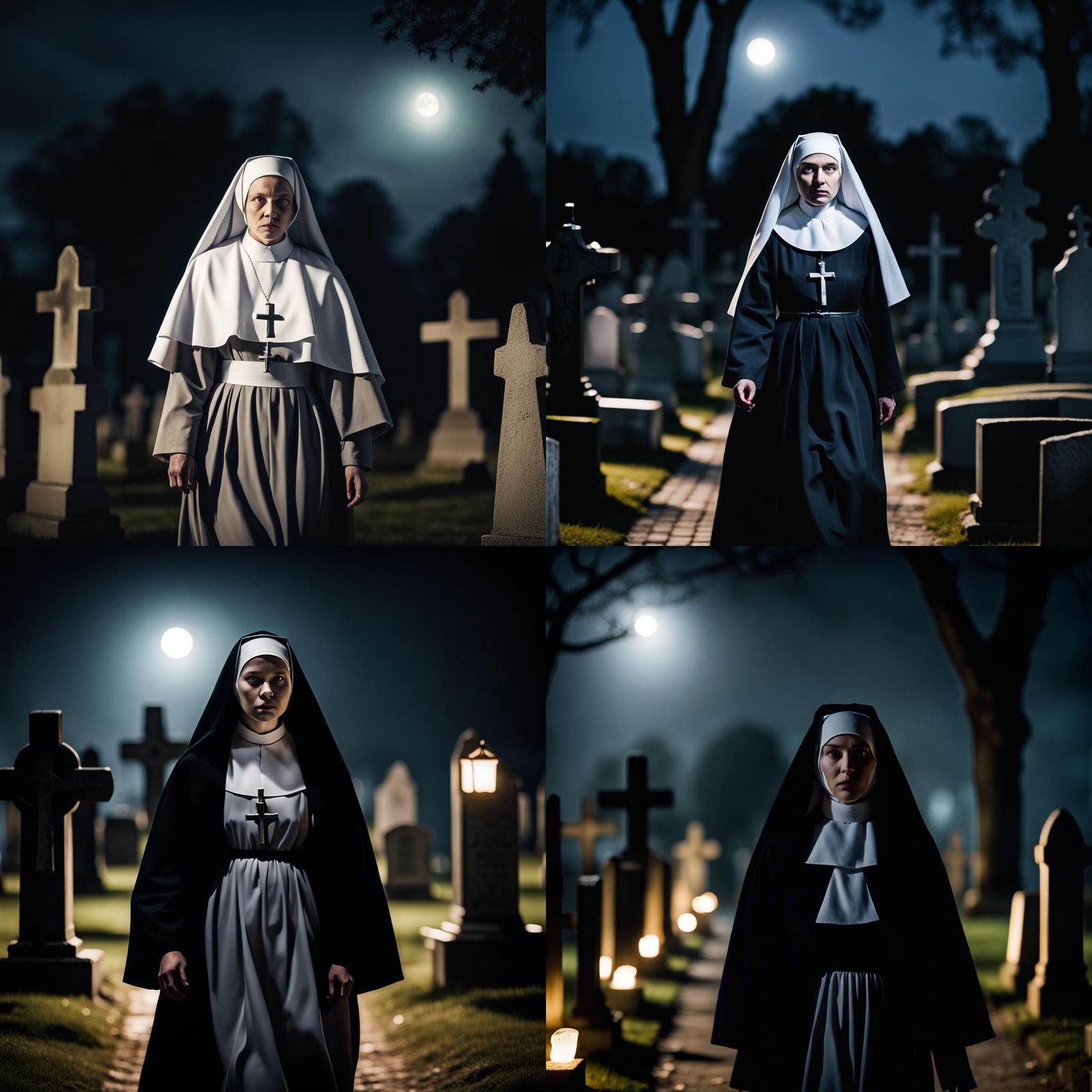 Nun's Ghost Walks Graveyard in Moonlight