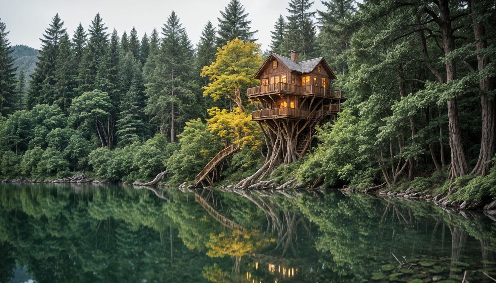 Treehouse Perched High Above a Serene Lake