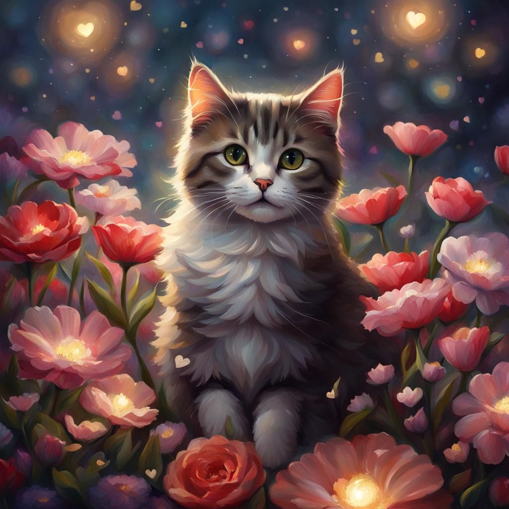 Cute Cat Surrounded by Flowers in Digital Painting