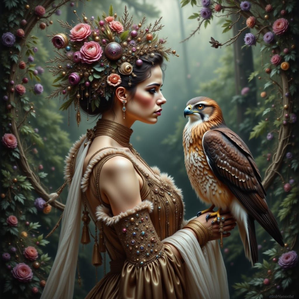 Regal Nature Queen with Harris Hawk, Fantasy Art