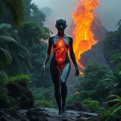 Obsidian Woman Emerges from Volcano in Abstract Style