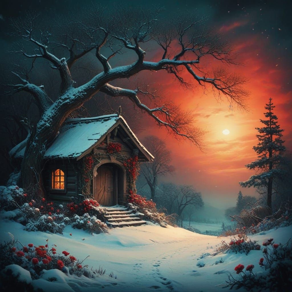 Winter Sunset Village in Vibrant Colors