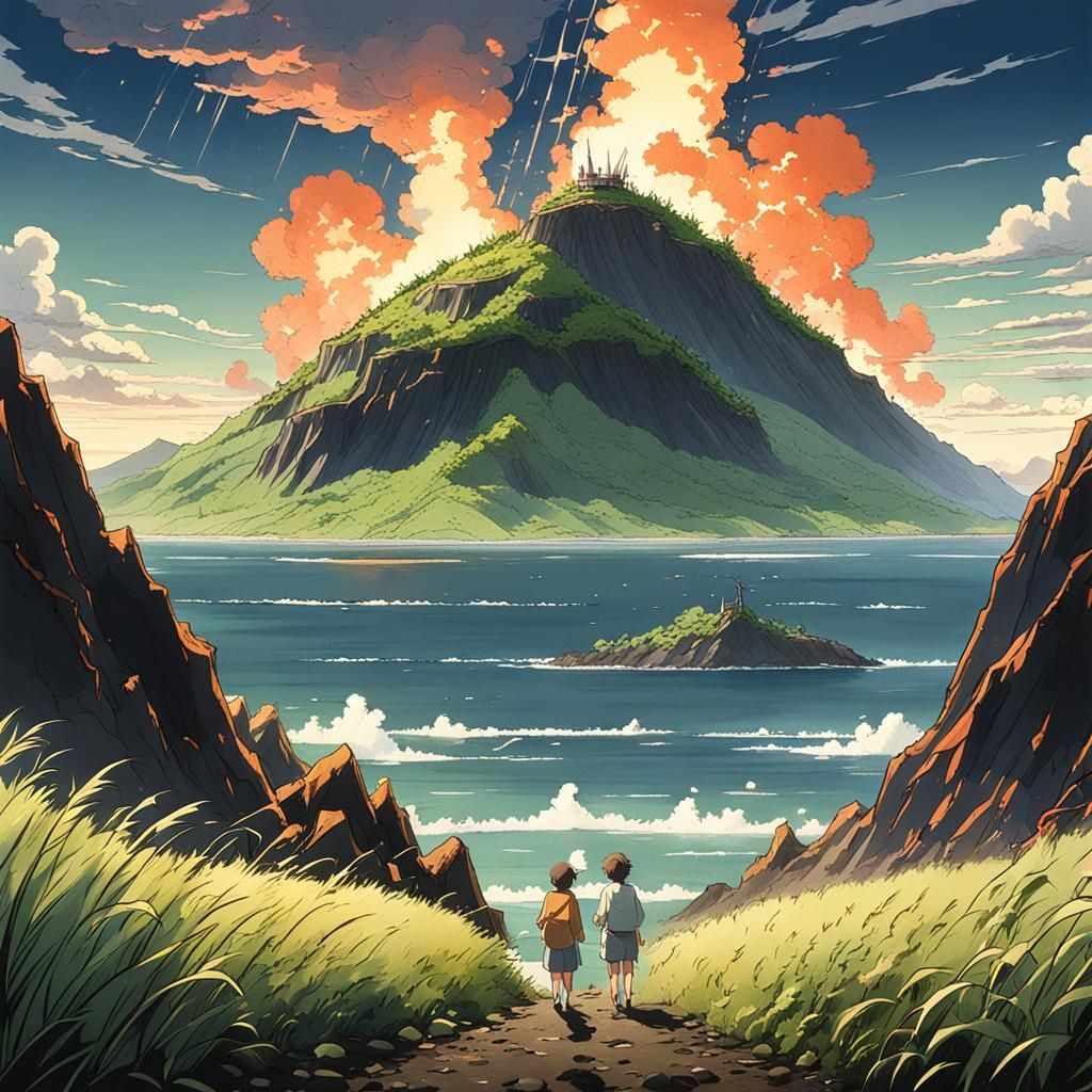 Anime Friends Admire Volcanic Vista, Ghibli Style