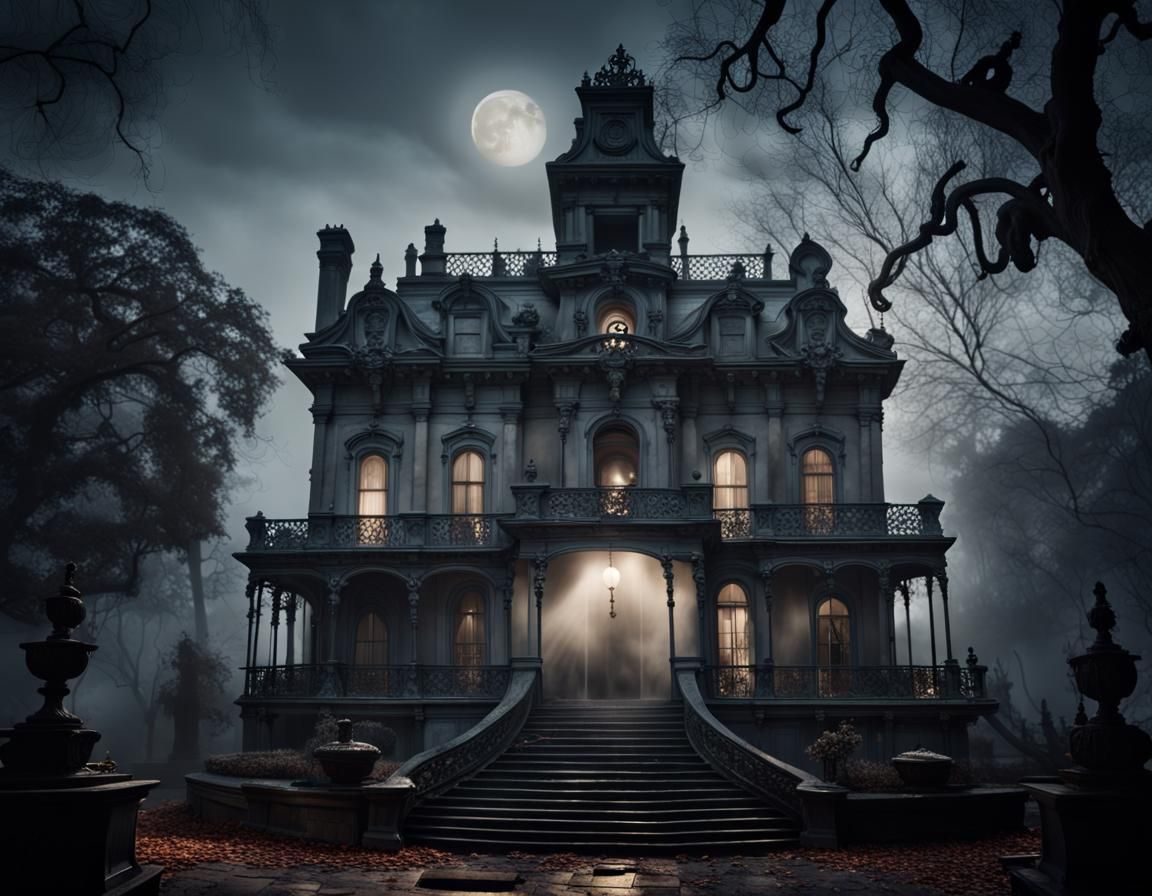 Eerie Haunted Mansion with Fountain in Dark Mist