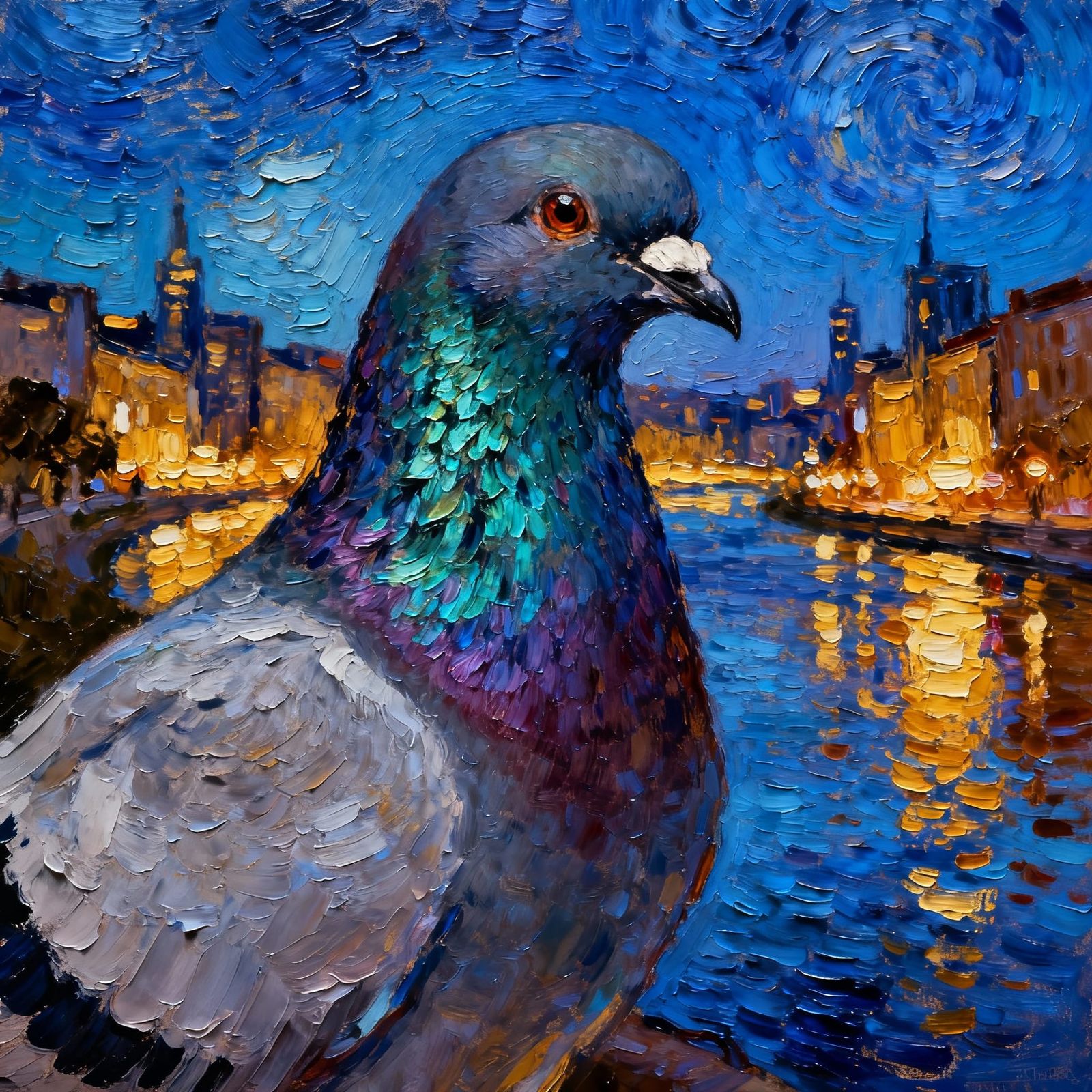 Urban Pigeon Against Impasto Cityscape in Blue and Amber