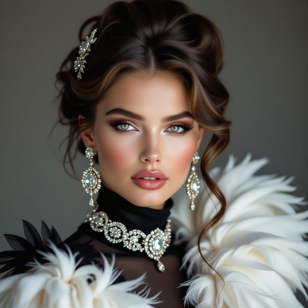 A glamorous, high-contrast, photograph of a stunning caucási...