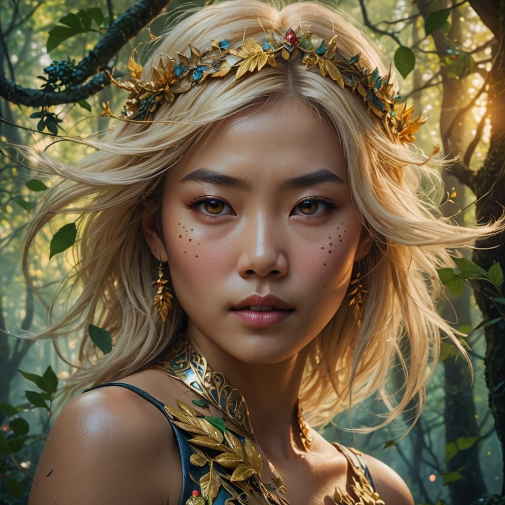 Mystical Forest: Asian Woman Portrait in Art Nouveau Style