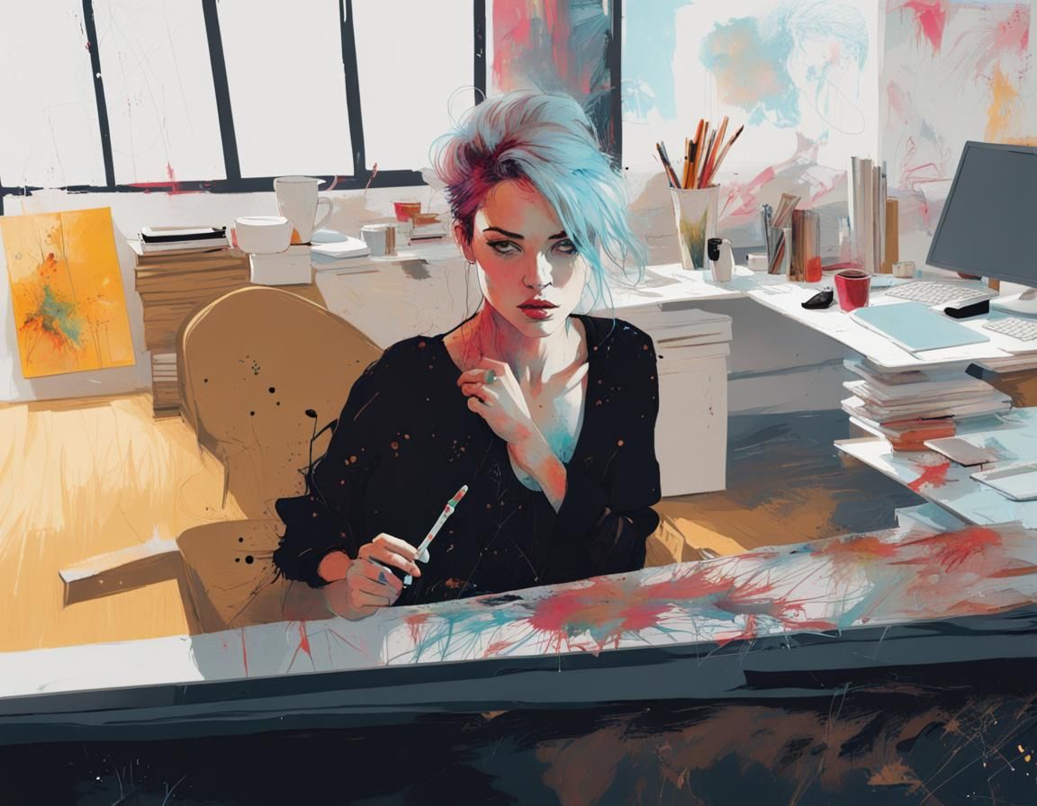 Woman at Desk in Splatch Art Style