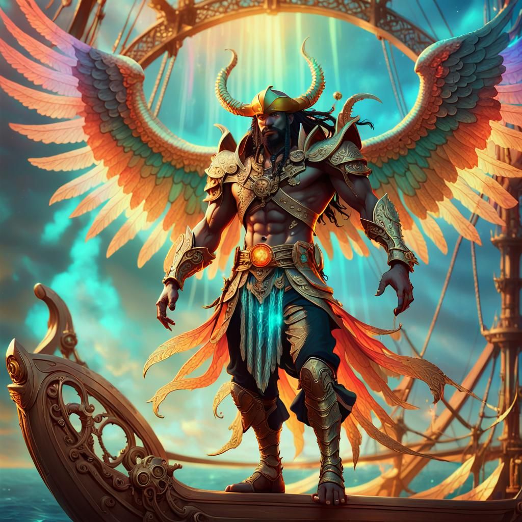 Ifrit Pirate with Rainbow Angel Wings: Fantasy Art
