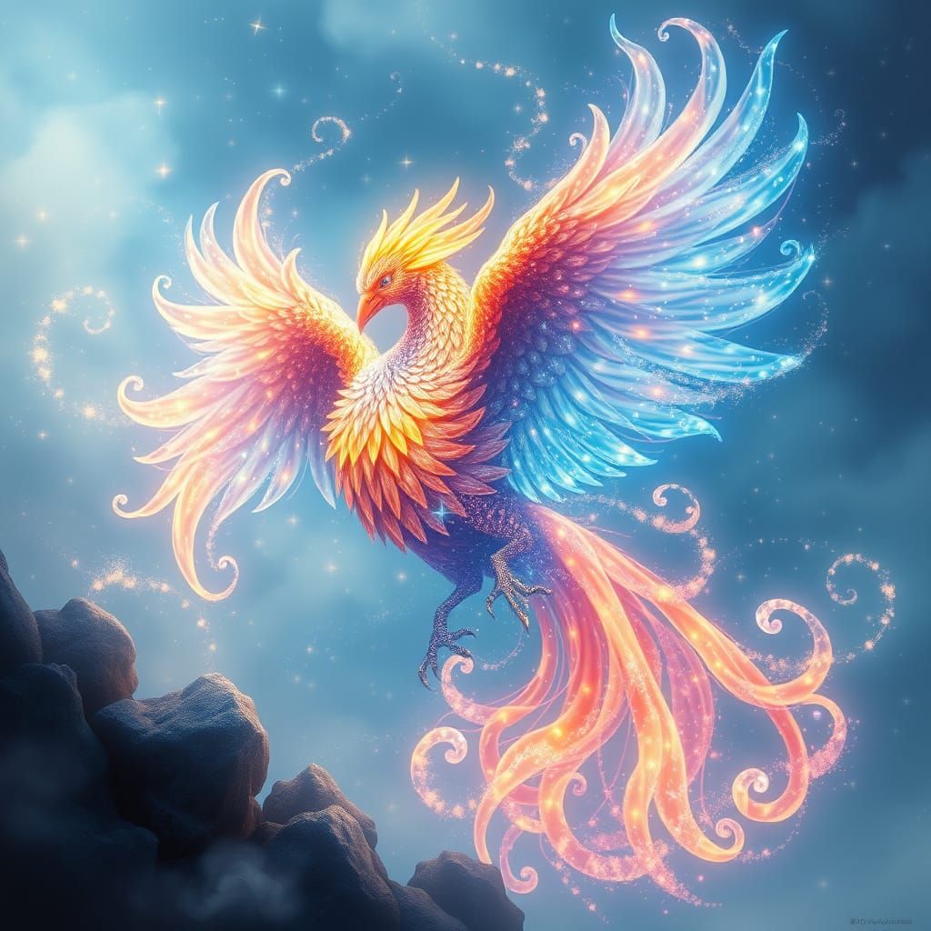 Luminous Phoenix Born from Water, Stars, and Celestial Flame...