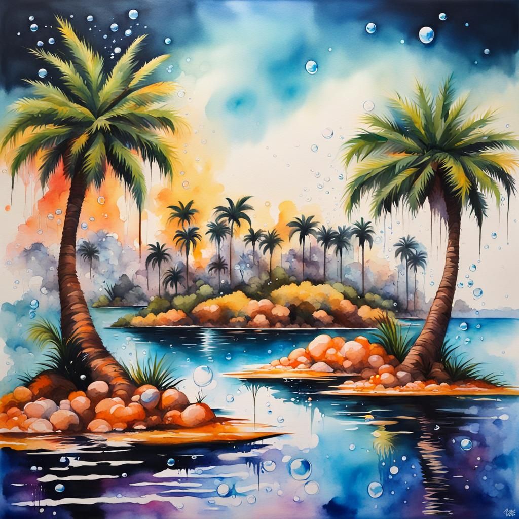 Tropical Island Oasis in Graffiti Watercolor Style