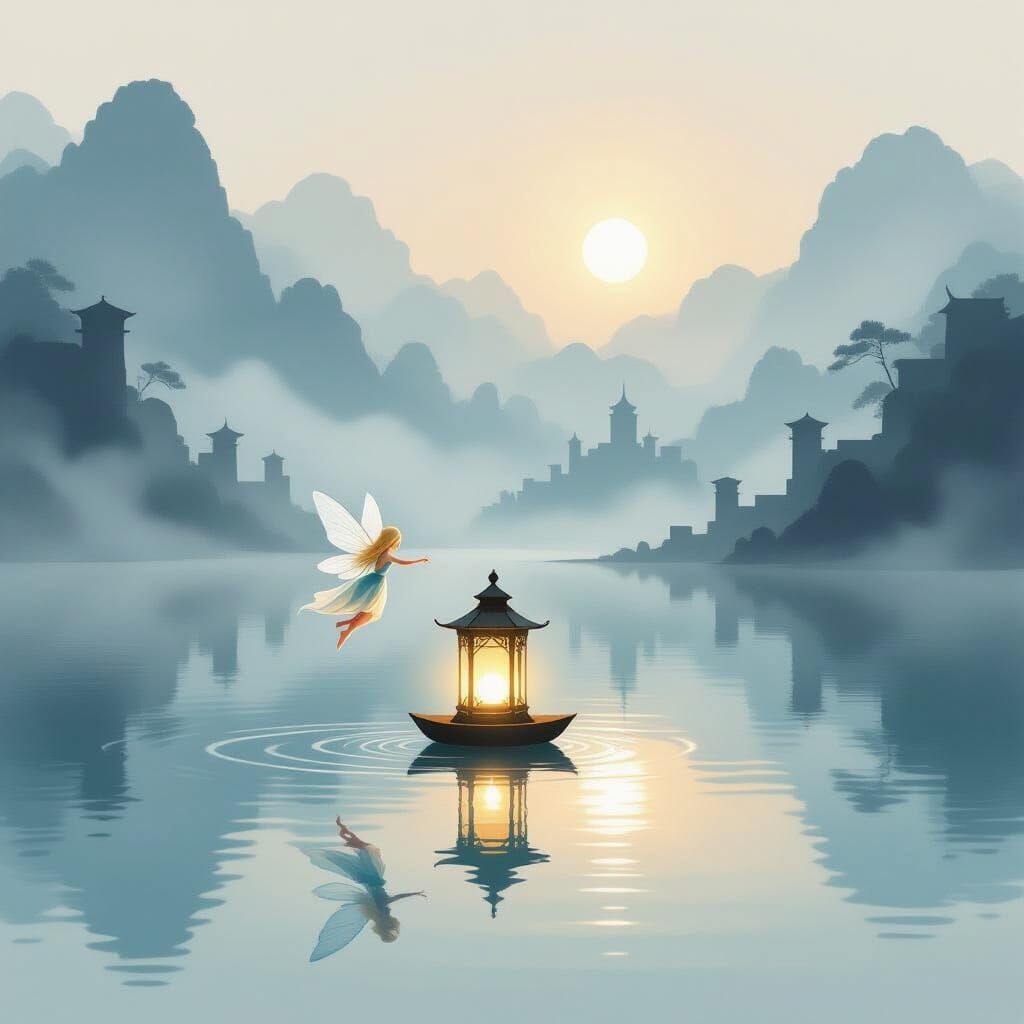 Glowing Lantern on Misty Lake with Fairy