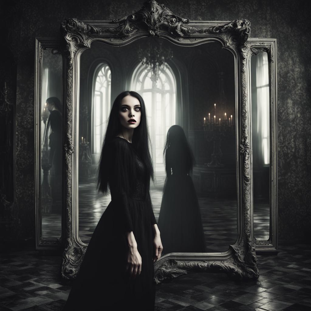 Woman Trapped in Mirror with Silent Monster