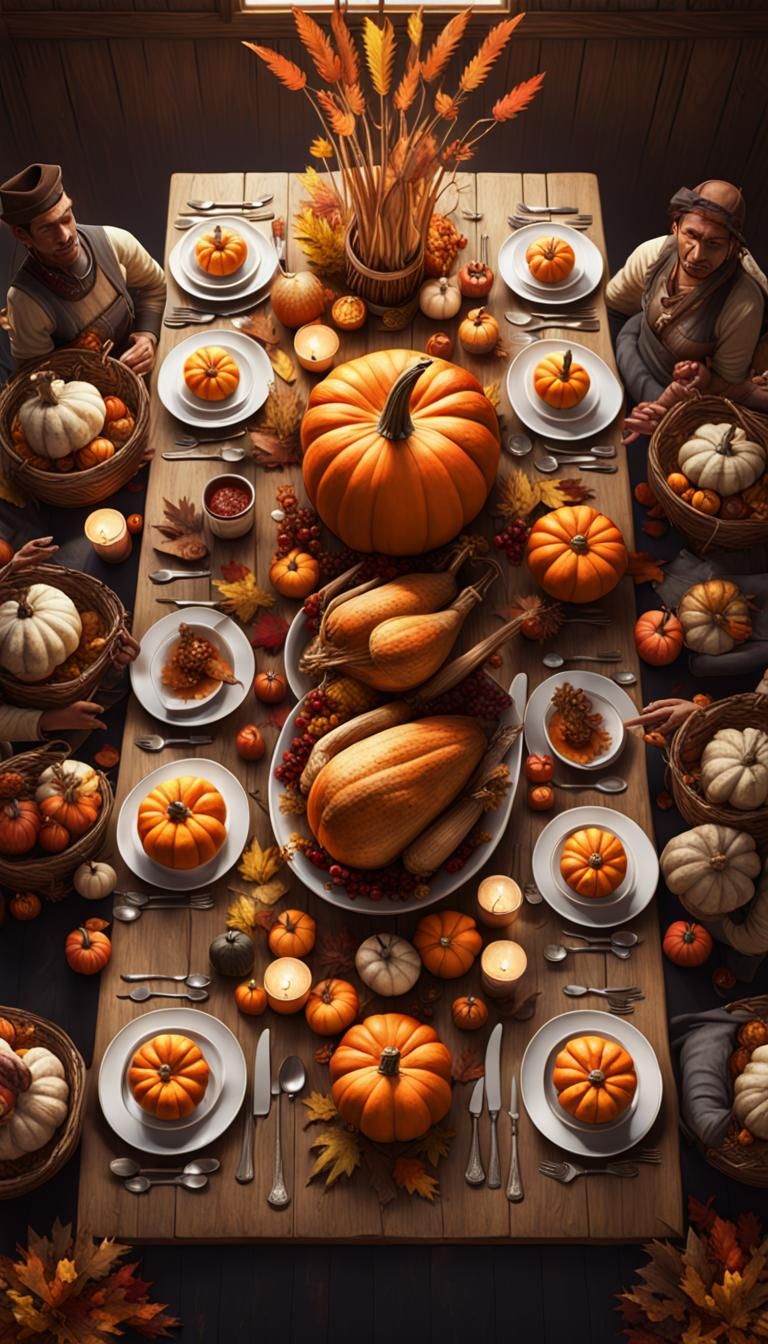 First Thanksgiving Feast: A Surreal Hyperrealistic Scene