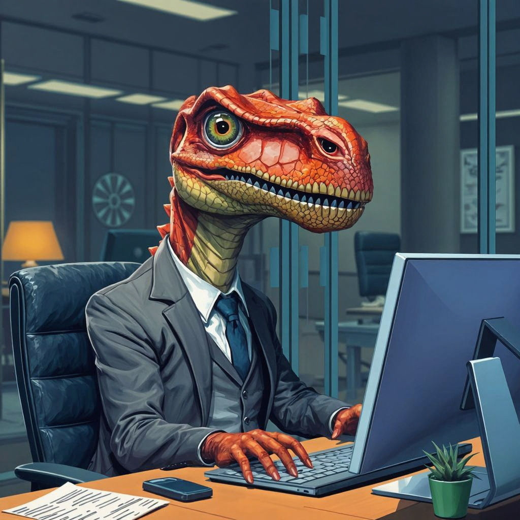 Anthro Dinosaur Businessman at Computer: Detailed Digital Ar...