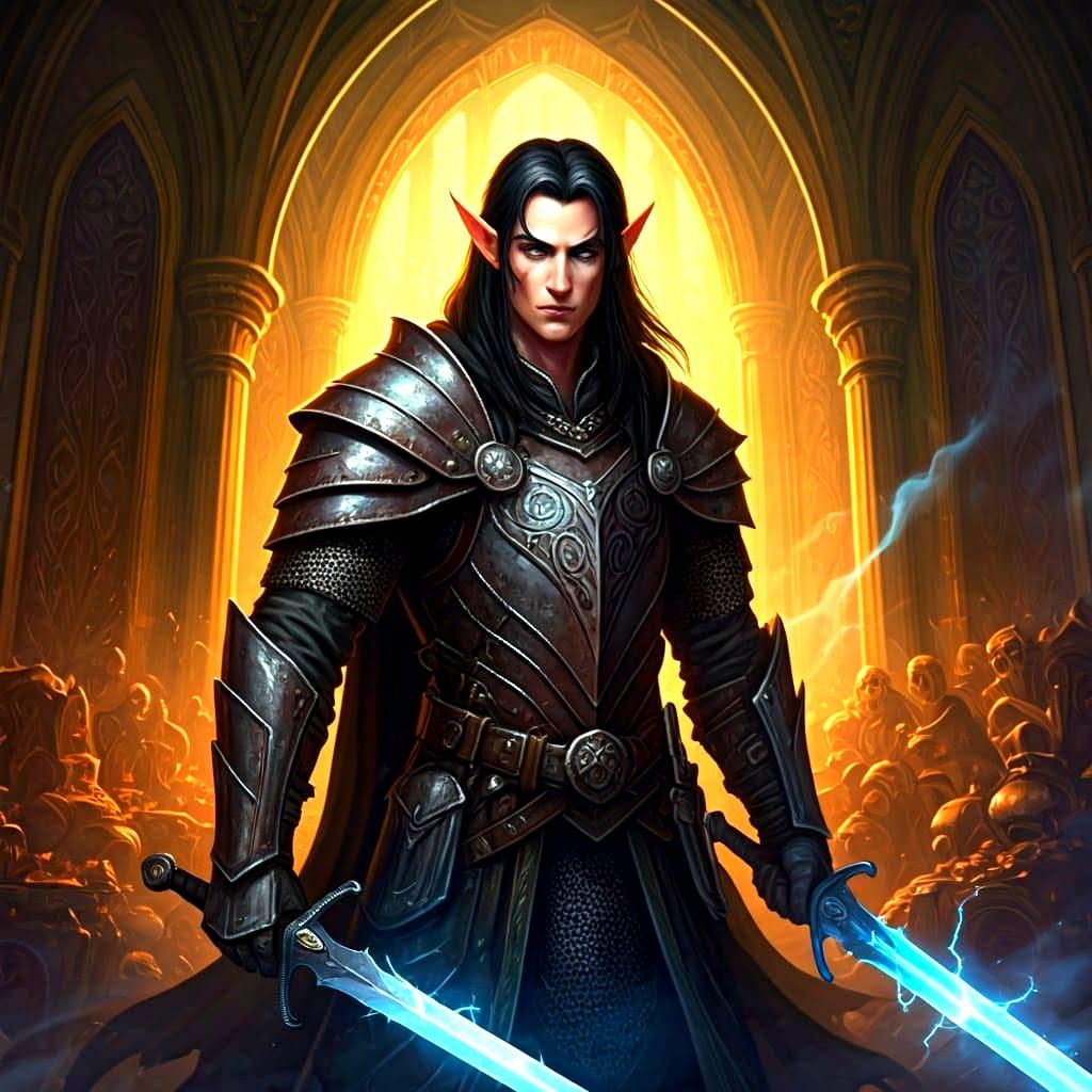 Half Elf Rogue with Lightning Sword in Treasure Hall