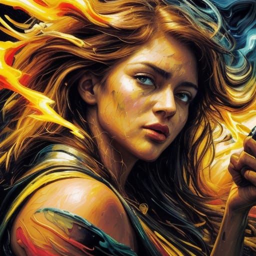 Woman Holds Lightning: Expressionist Impasto Oil Painting