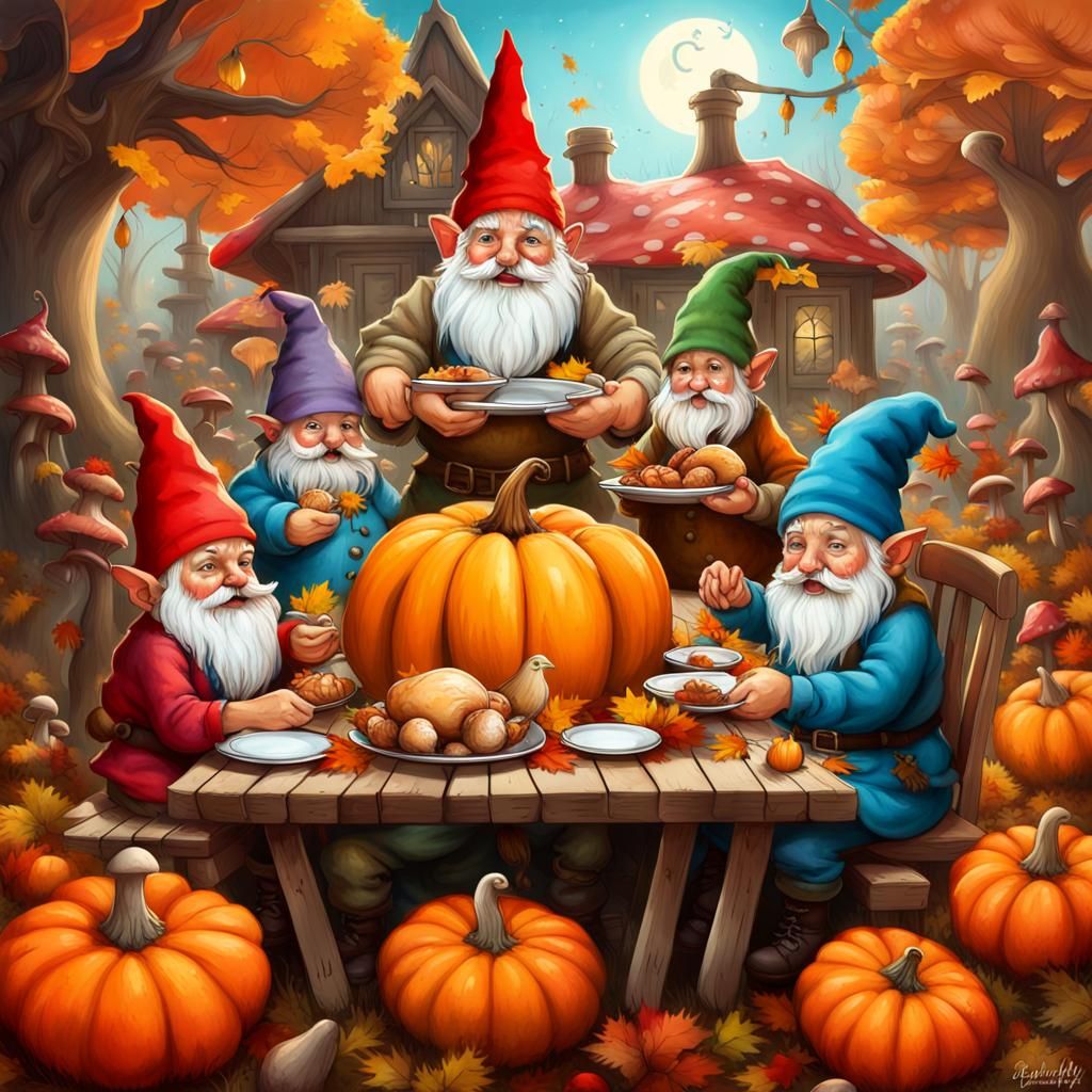 Thanksgiving Gnomes Feast in Fairytale Autumn Setting