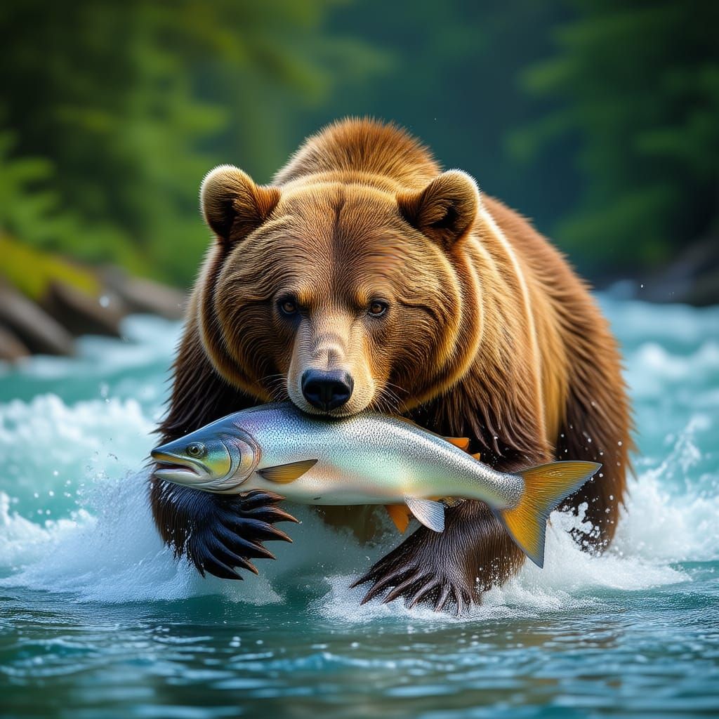 Grizzly Bear Catches Salmon in Canadian River