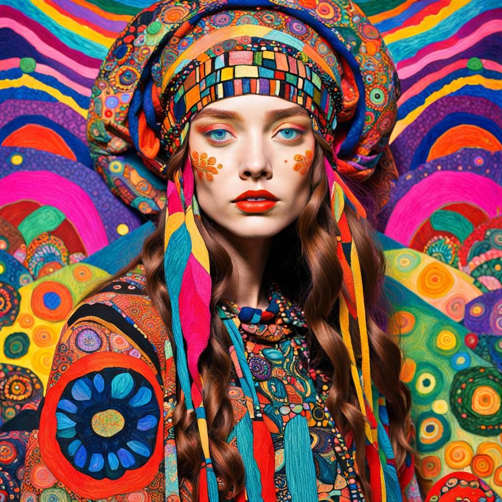 Hippie Fashion Model in Klee-Klimt Style