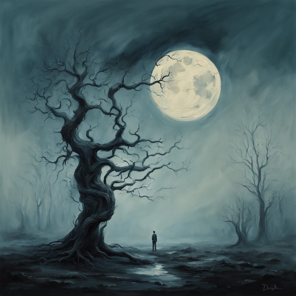 Surreal Yew Tree and Moon in Dali-esque Style