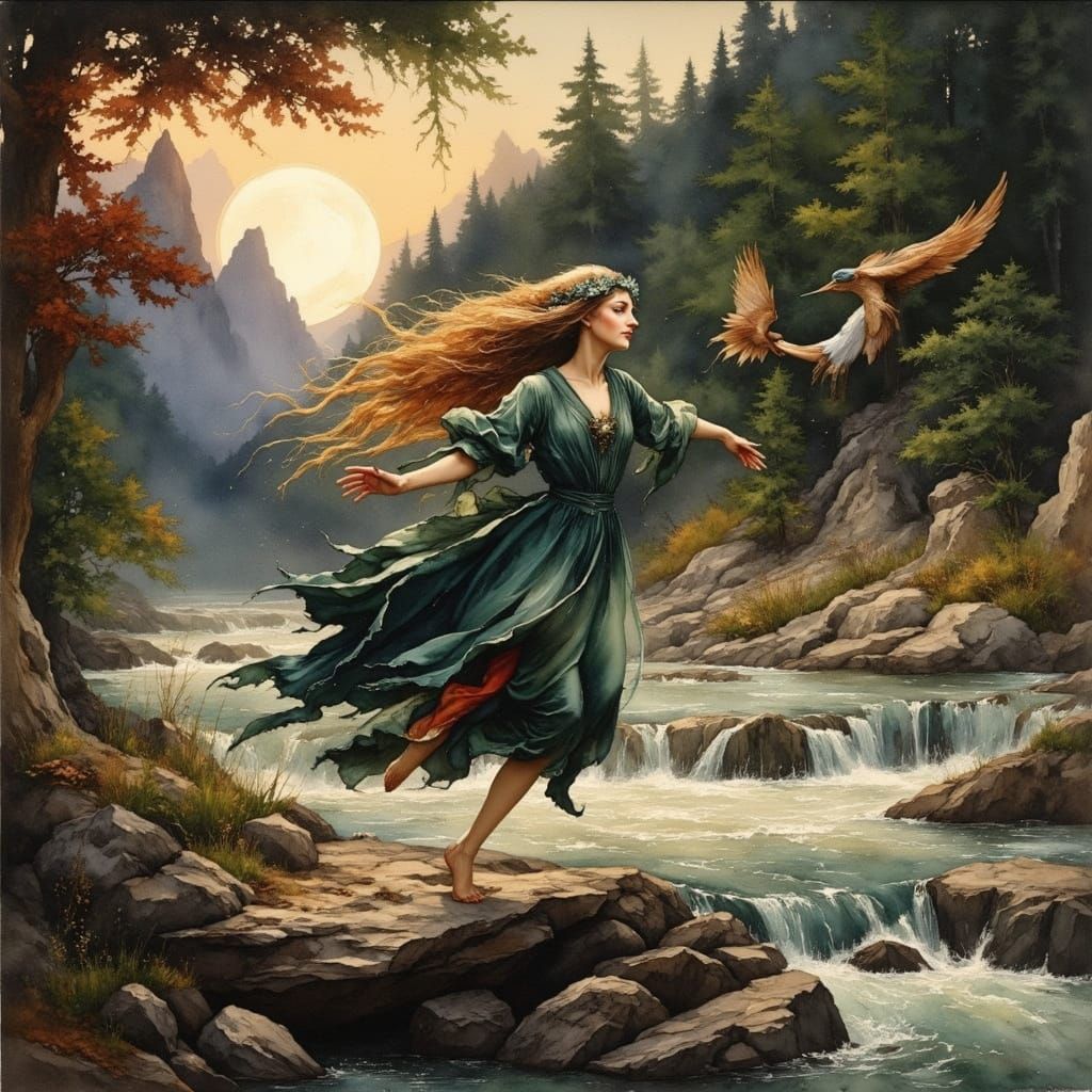 Ethereal Elf Women Soar Above a Moonlit River in Whimsical O...