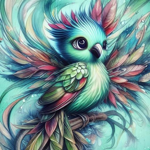 Watercolor Chibi Bird with Ink Splatters