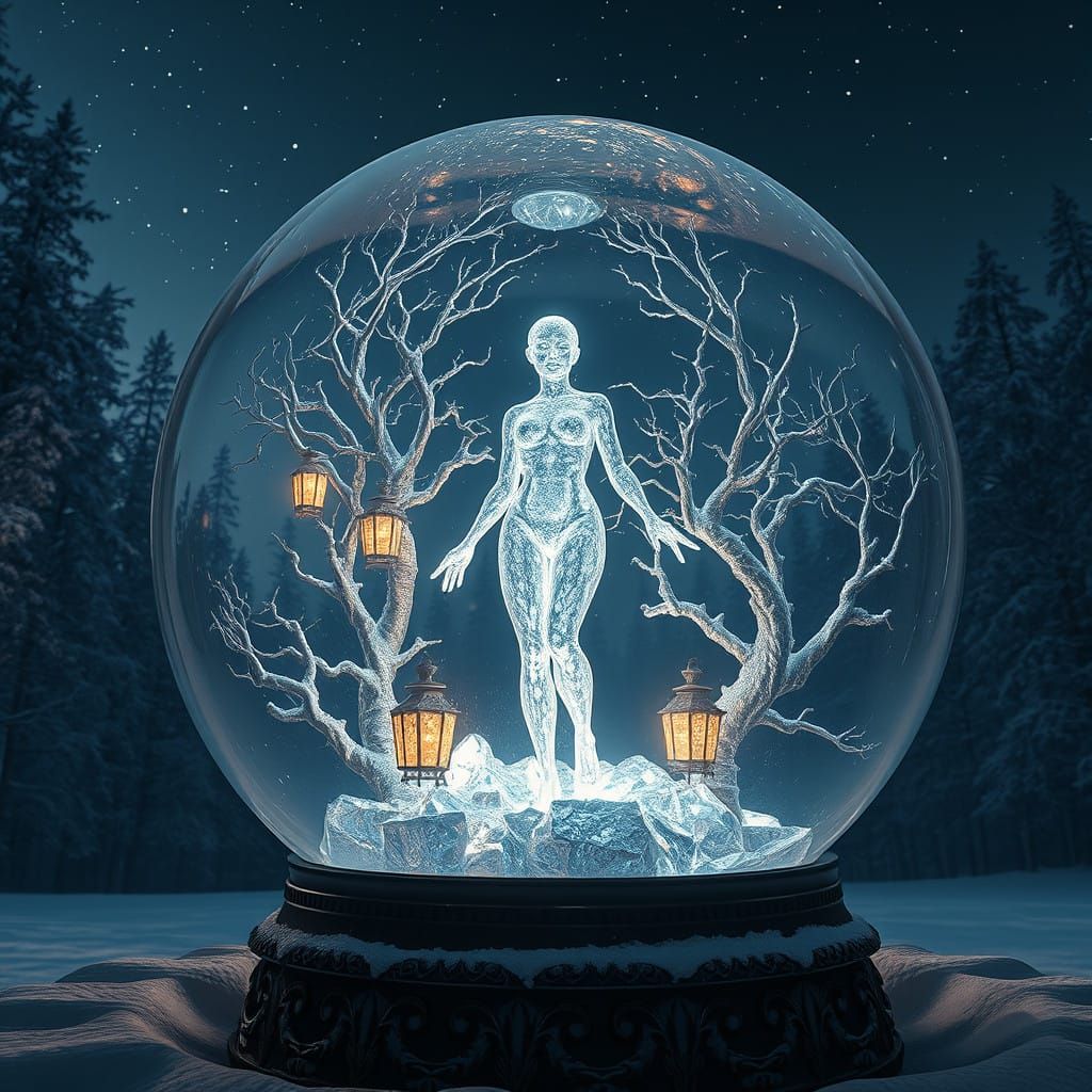 Surreal Snowglobe Scene with Diamond Woman in Starry Night S...