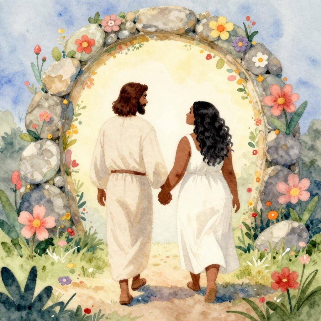 Jesus and Woman Approach Heaven Portal in Watercolor Style