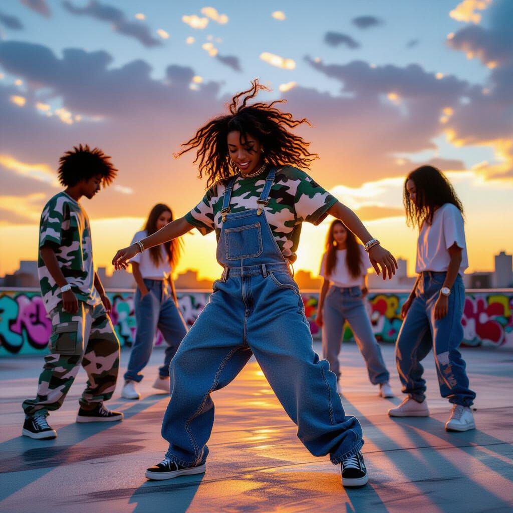 Urban Rooftop Dance in Golden Hour, Streetwear Style