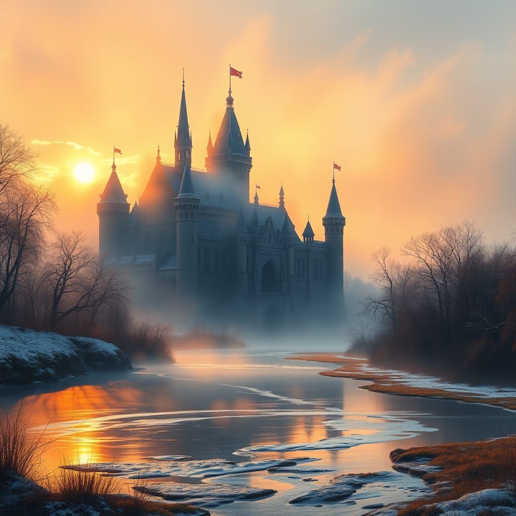 Majestic Castle Embracing Serene Landscape in Warm Golden Li...