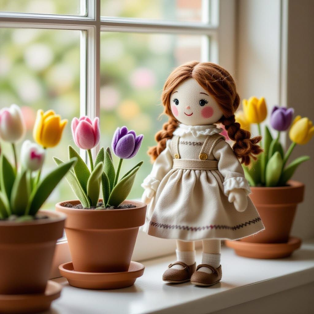 Elegant Felt Doll with Felt Flowers