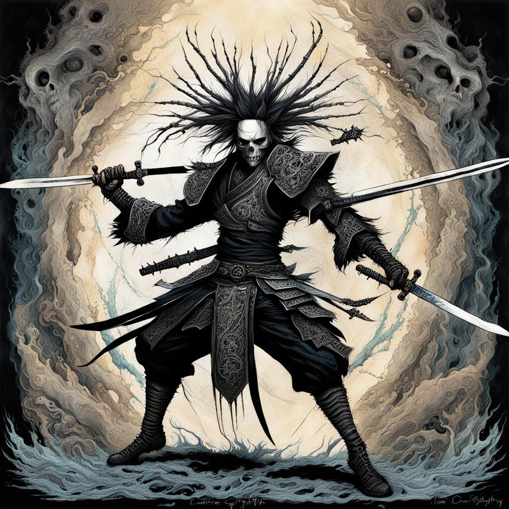 Dancing Sword Warrior in Mixed Media Style