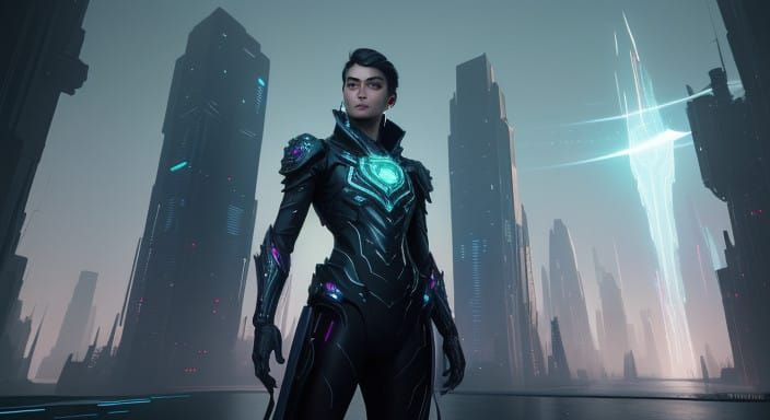 Confident Business Manager in Vibrant Cyberspace with Intric...