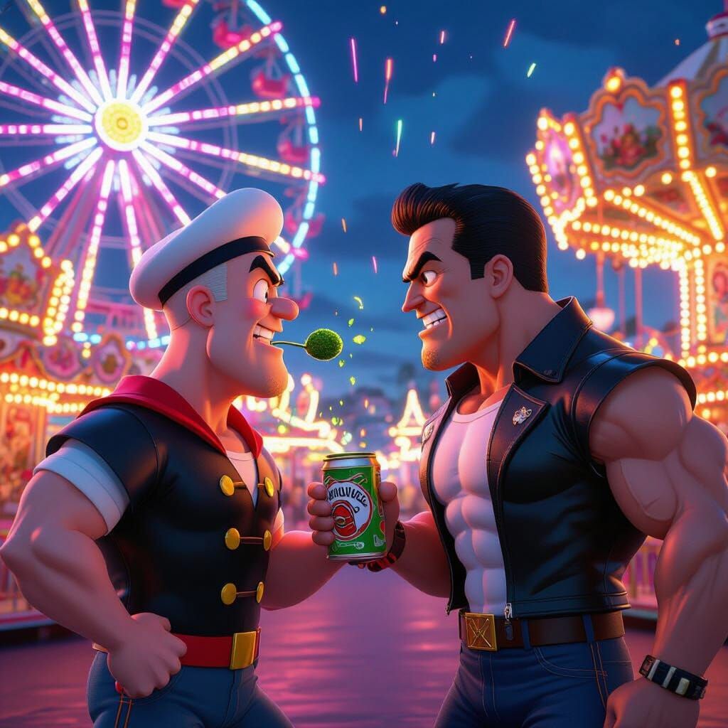 Popeye vs. Schwarzenegger in Dazzling 3D Anime Style