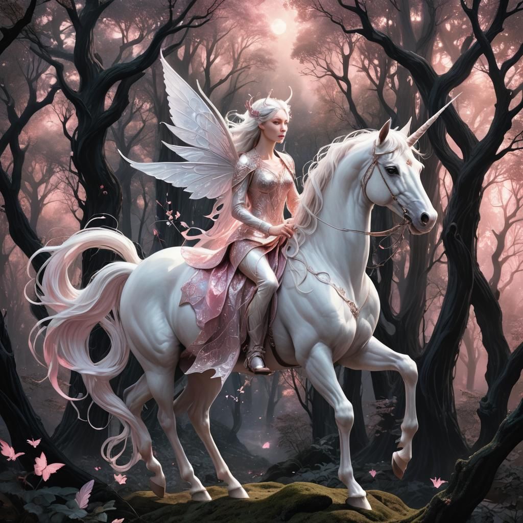 Ethereal Fairy on Unicorn in Mystical Forest