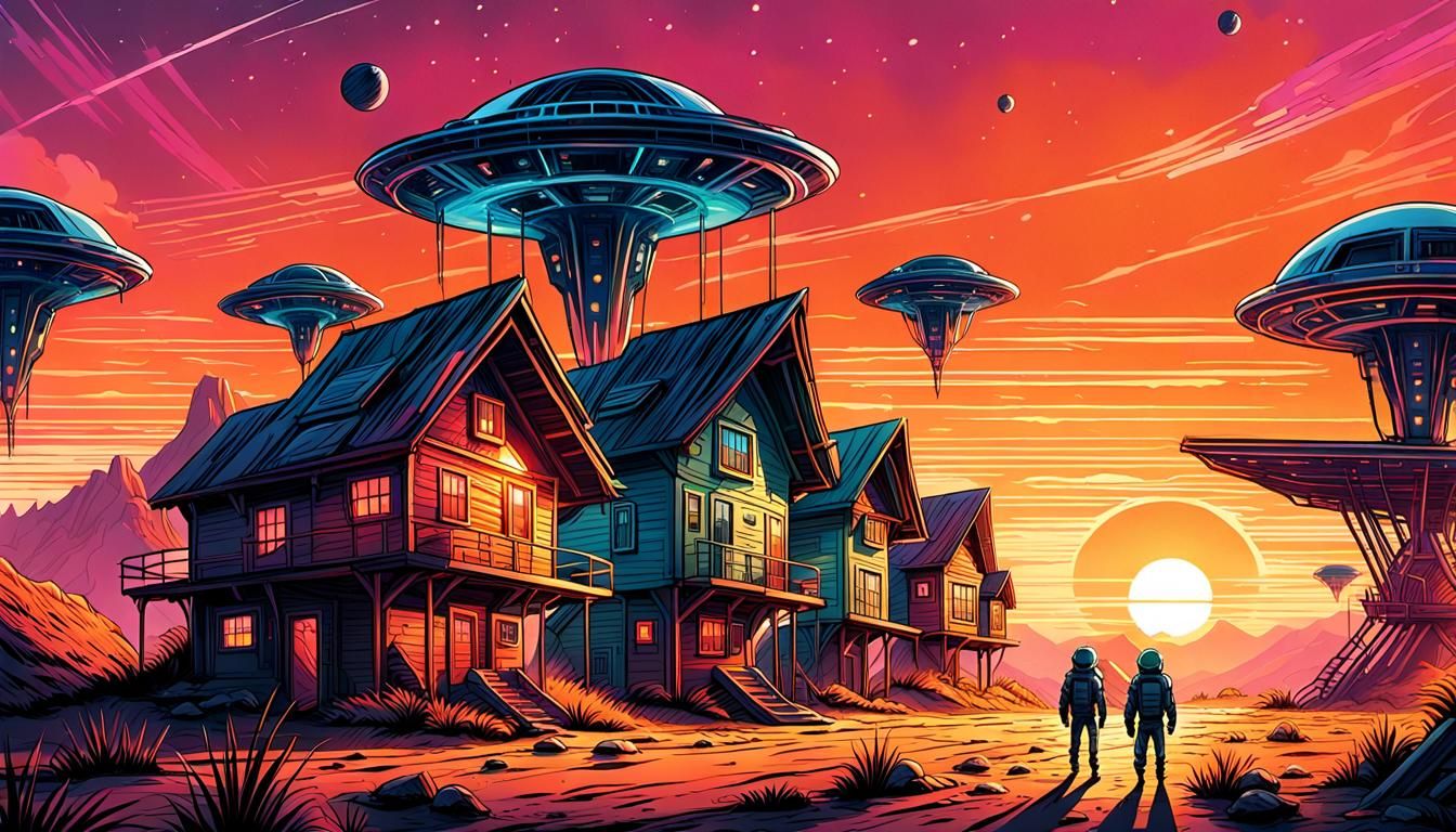 Aliens Watching Sunset in Sci-Fi Village in Comic Art Style
