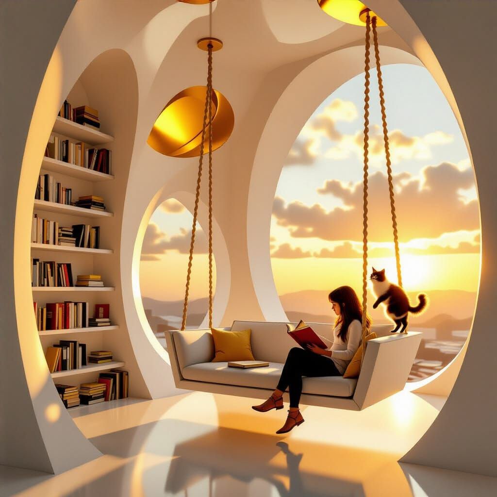 Surreal White and Gold Interior with Escher Illusion