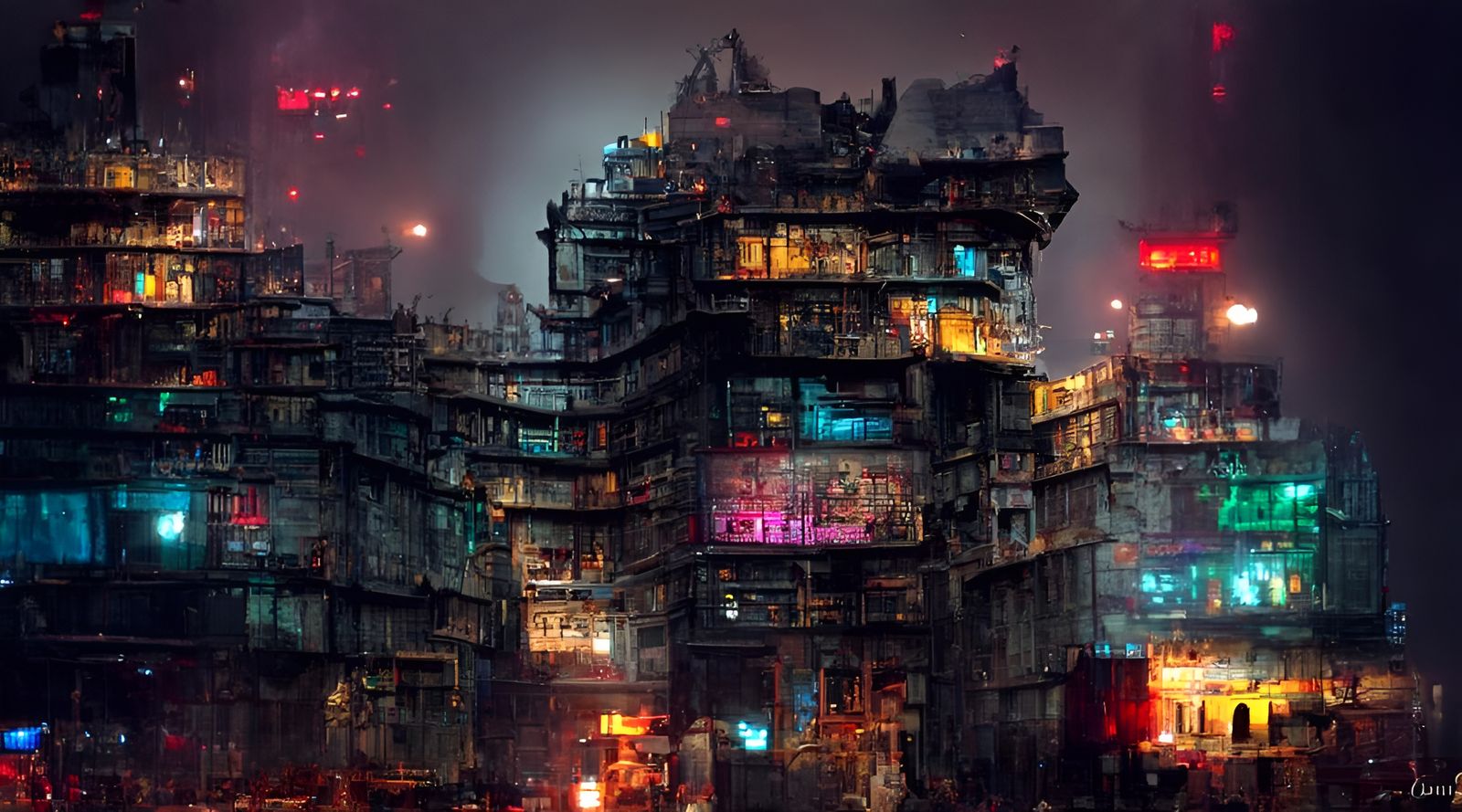 Cyberpunk Cityscape at Night in Brutalist Style