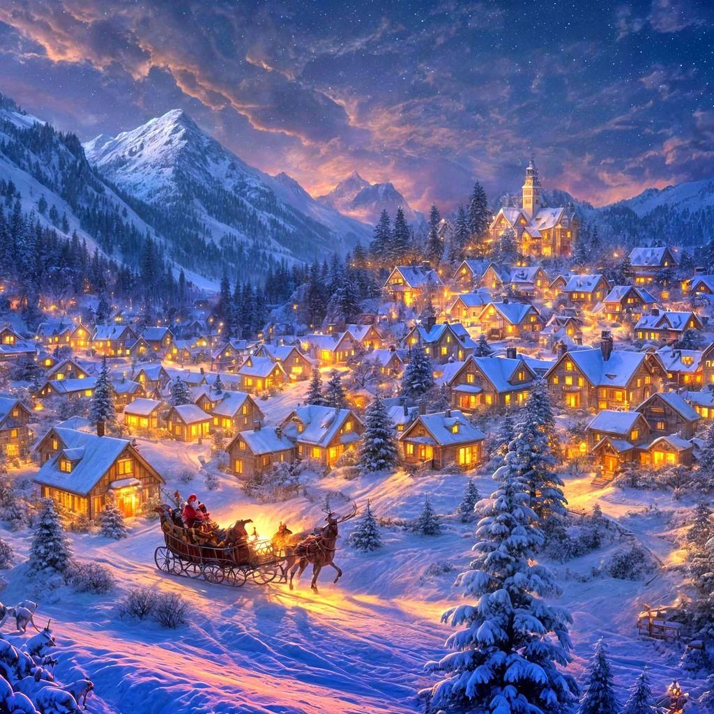 Santa's Sleigh Silhouette Over Snowy Houses