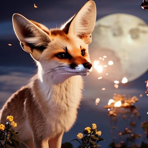 Fennec Fox with Rose and Fireflies