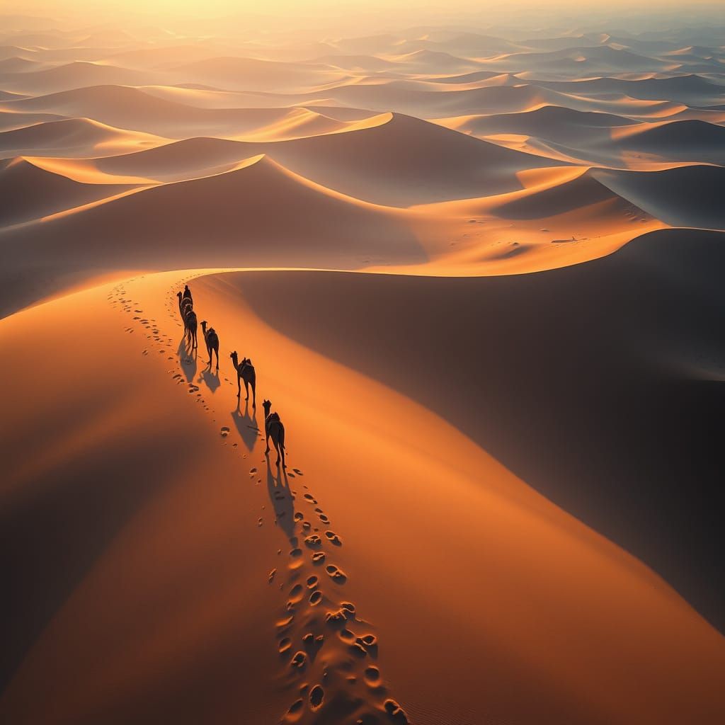 Camel Caravan in Golden Sahara Desert Landscape