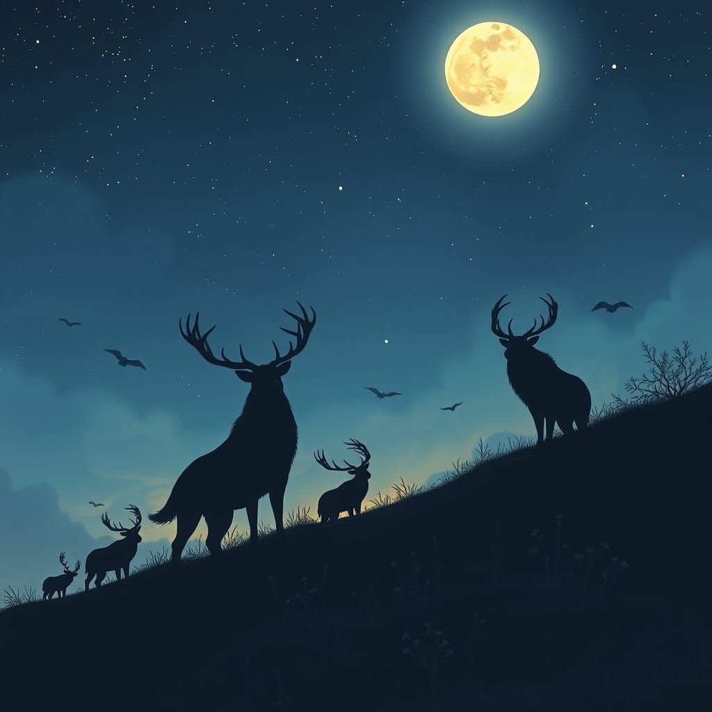 Luminous Animals in Dreamlike Moonlit Night Sky
