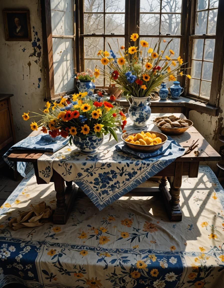 Floral Still Life with God Rays, Pollock and Vermeer Style