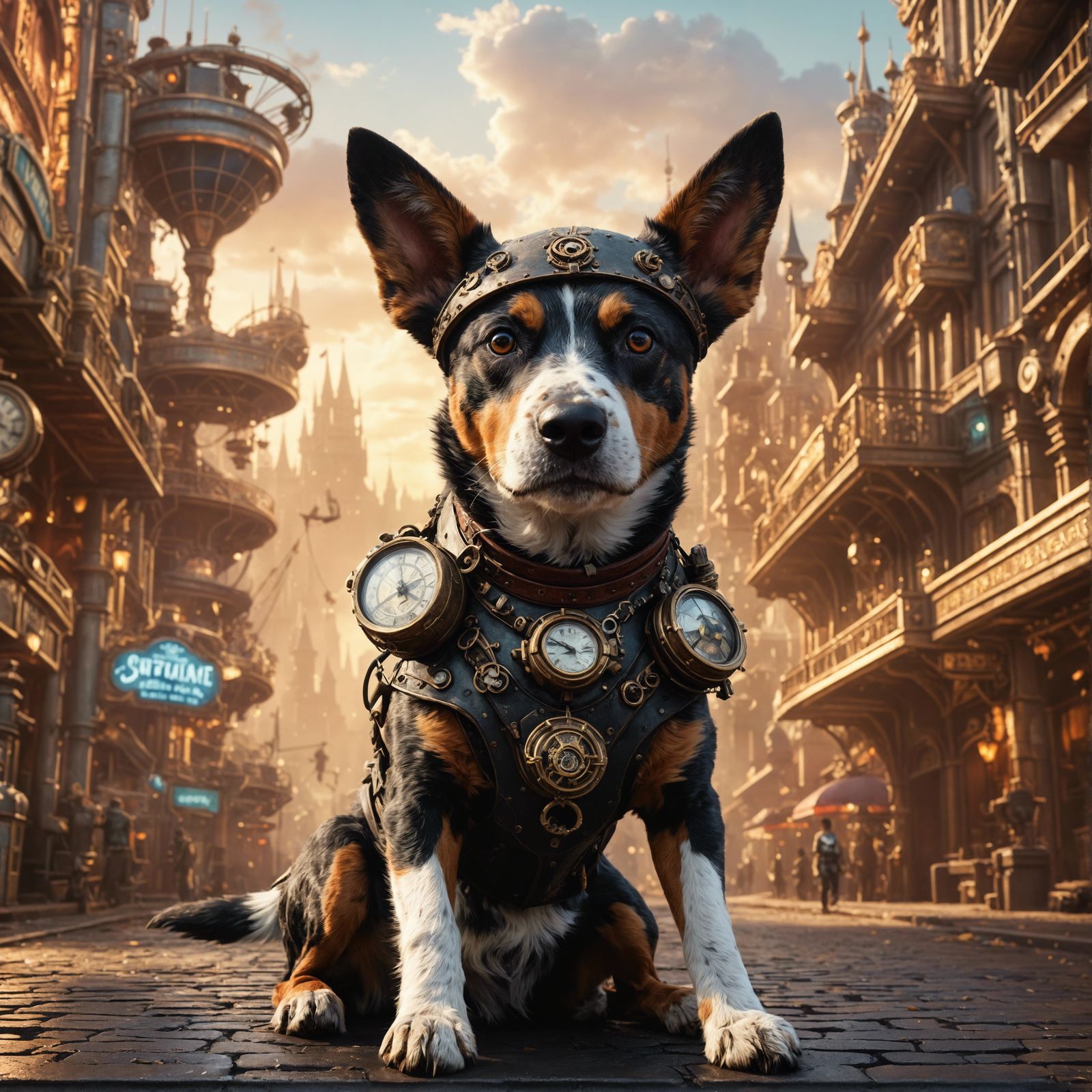 Steampunk Cattle Dog in Dystopian Disney World